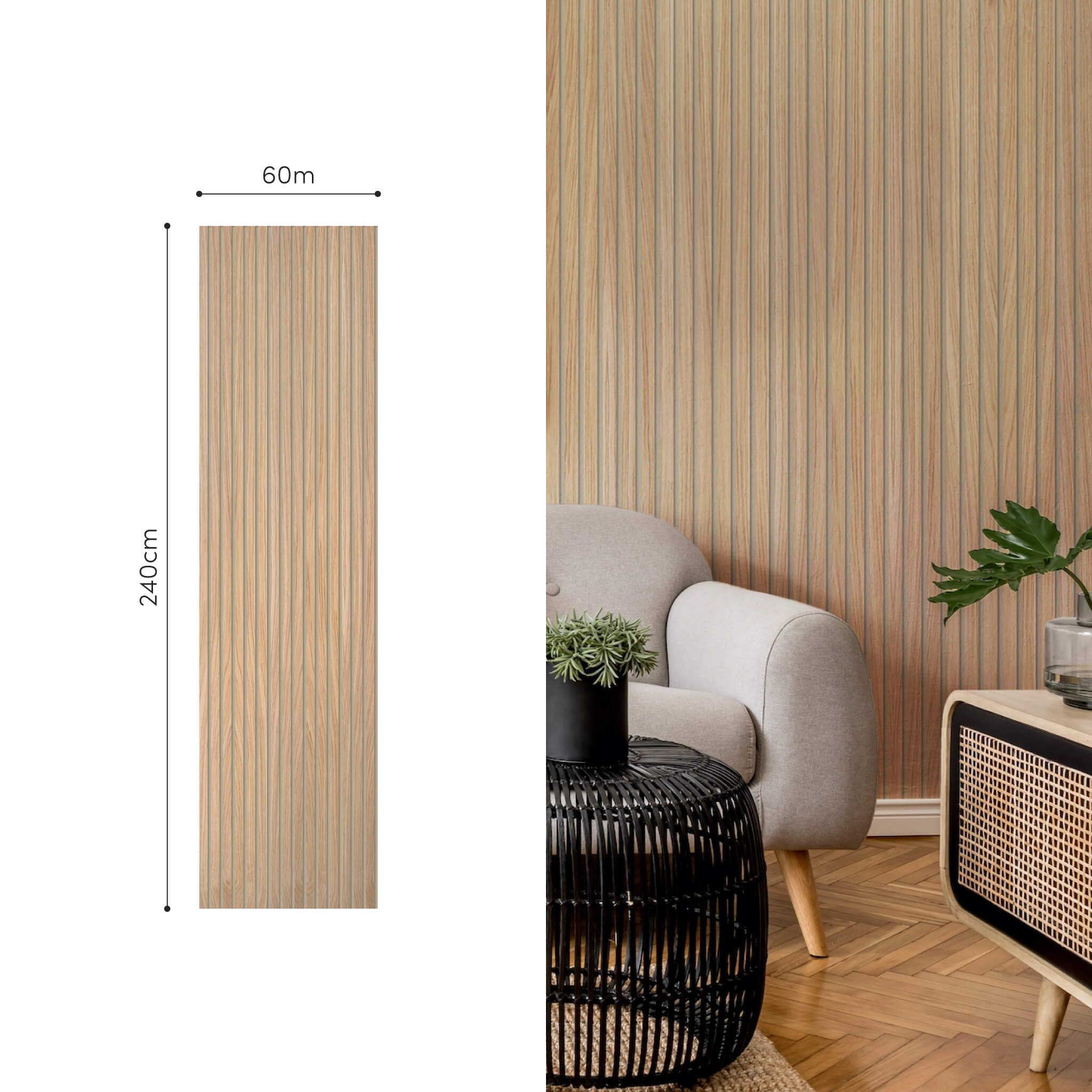Panneau acoustique Walleu 240 x 60 cm | Chêne Naturel - Noyau Noir - Feutre Beige