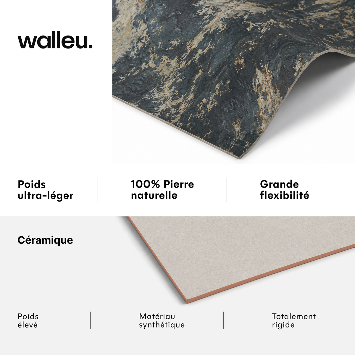 Comparatif : feuille Walleu ultralégère, 100 % pierre naturelle et flexible vs céramique lourde, synthétique et rigide #lang:fr