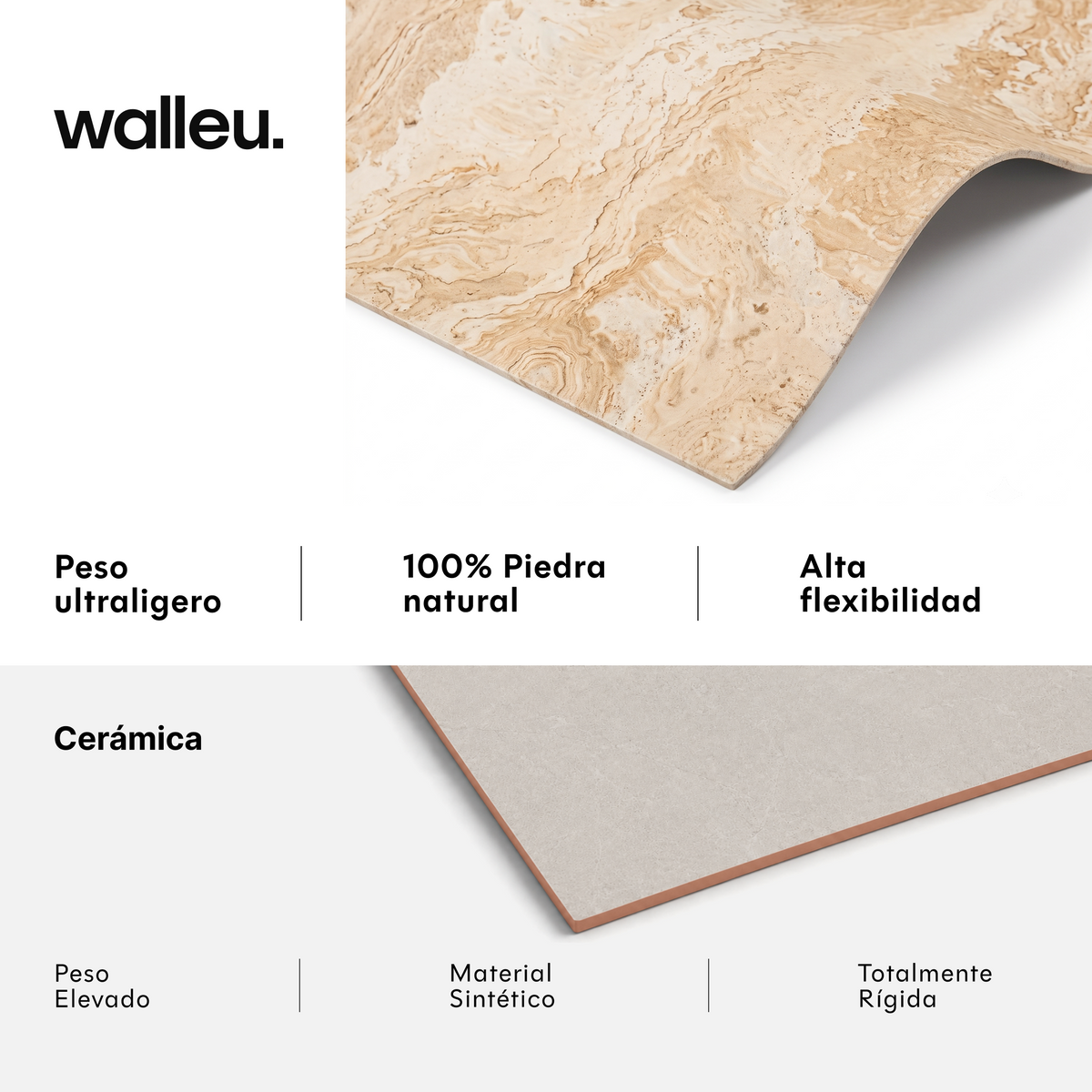 Comparativa: lámina Walleu ultraligera, 100% piedra natural y flexible vs cerámica pesada, sintética y rígida #lang:es