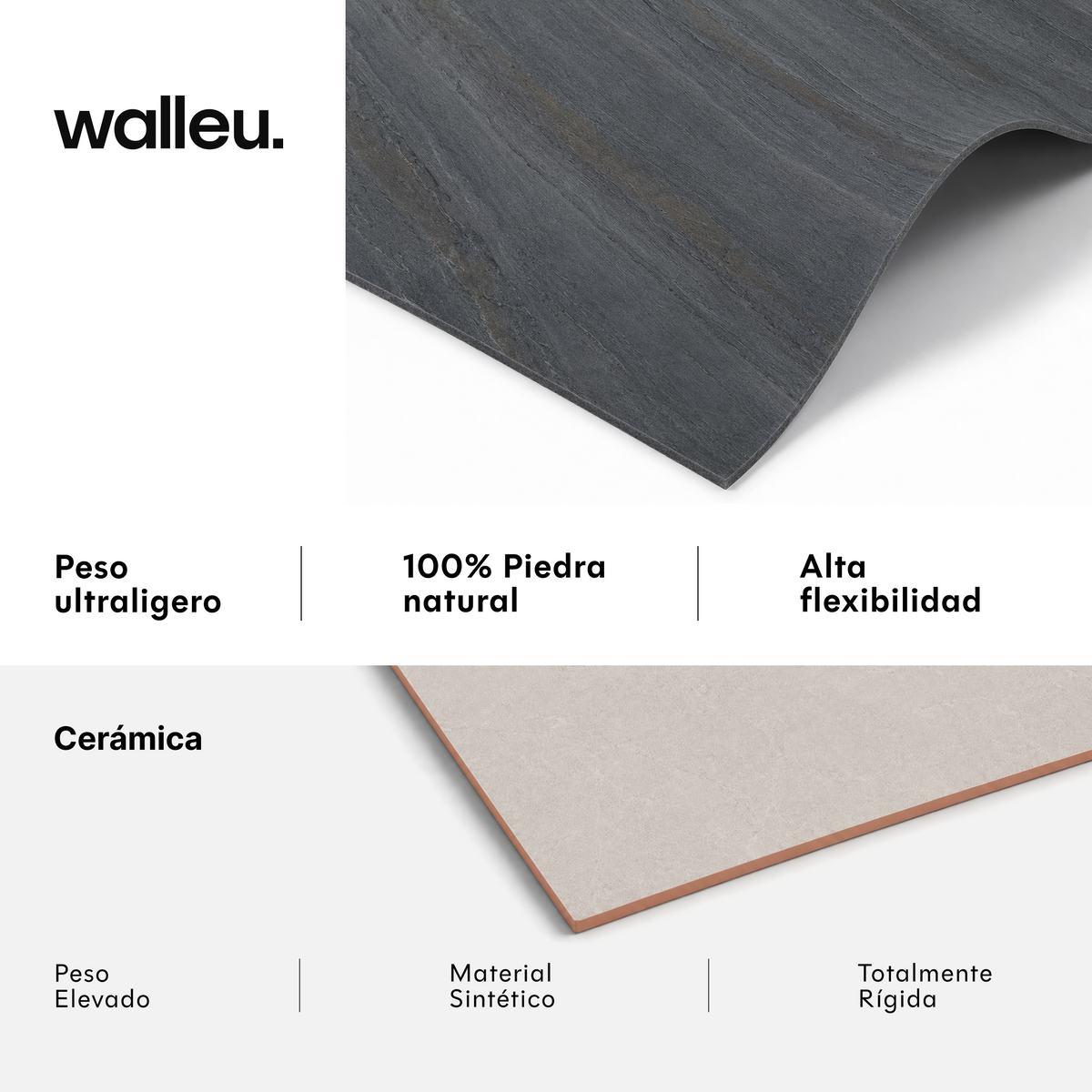 Comparativa: lámina Walleu ultraligera, 100% piedra natural y flexible vs cerámica pesada, sintética y rígida #lang:es