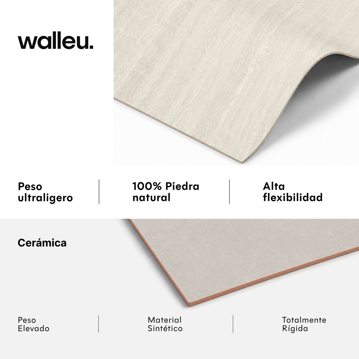 Comparativa: lámina Walleu ultraligera, 100% piedra natural y flexible vs cerámica pesada, sintética y rígida #lang:es