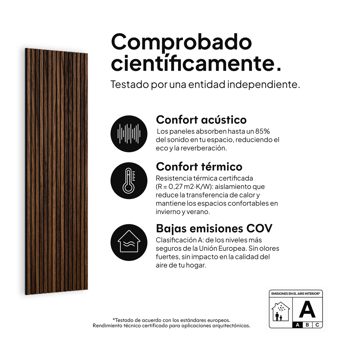 Panel acústico Roble Ahumado — comprobado científicamente: confort acústico, confort térmico y bajas emisiones COV #lang:es