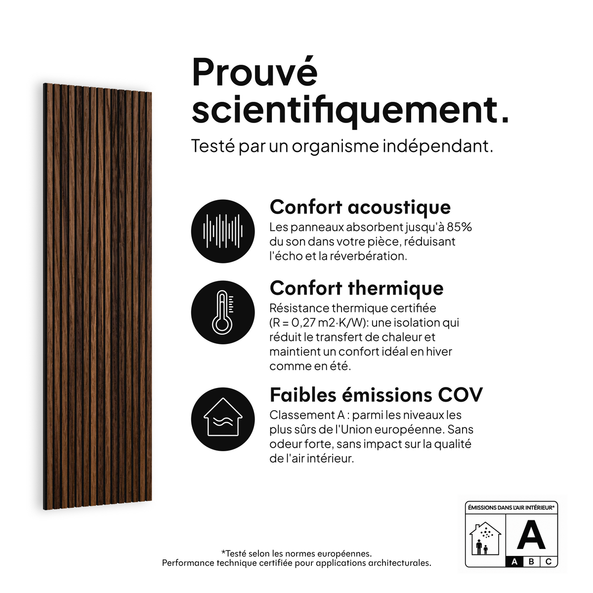Panneau acoustique Chêne Fumé — prouvé scientifiquement : confort acoustique, confort thermique et faibles émissions COV #lang:fr
