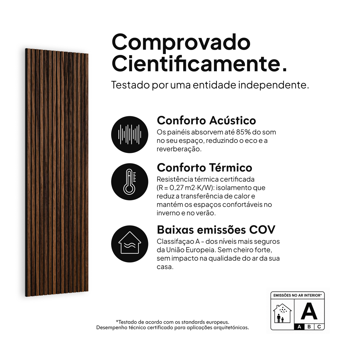 Painel acústico Carvalho Fumado — comprovado cientificamente: conforto acústico, conforto térmico e baixas emissões COV #lang:pt