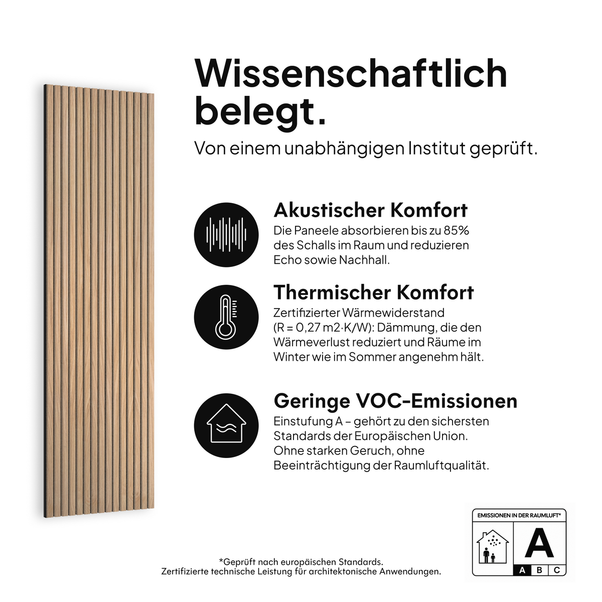 Akustikpaneel Natürliche Eiche Schwarzer Filz — wissenschaftlich belegt: akustischer Komfort, thermischer Komfort und geringe VOC-Emissionen #lang:de