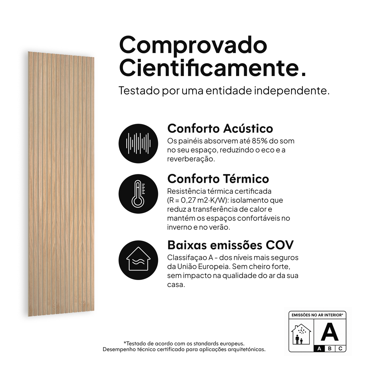 Painel acústico Carvalho Natural Núcleo Preto Feltro Beige — comprovado cientificamente: conforto acústico, conforto térmico e baixas emissões COV #lang:pt