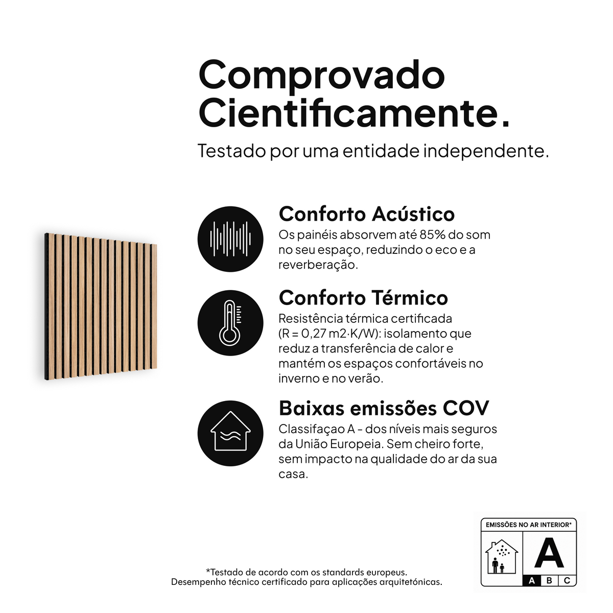 Painel acústico Carvalho Natural Núcleo Preto Feltro Preto — comprovado cientificamente: conforto acústico, conforto térmico e baixas emissões COV #lang:pt