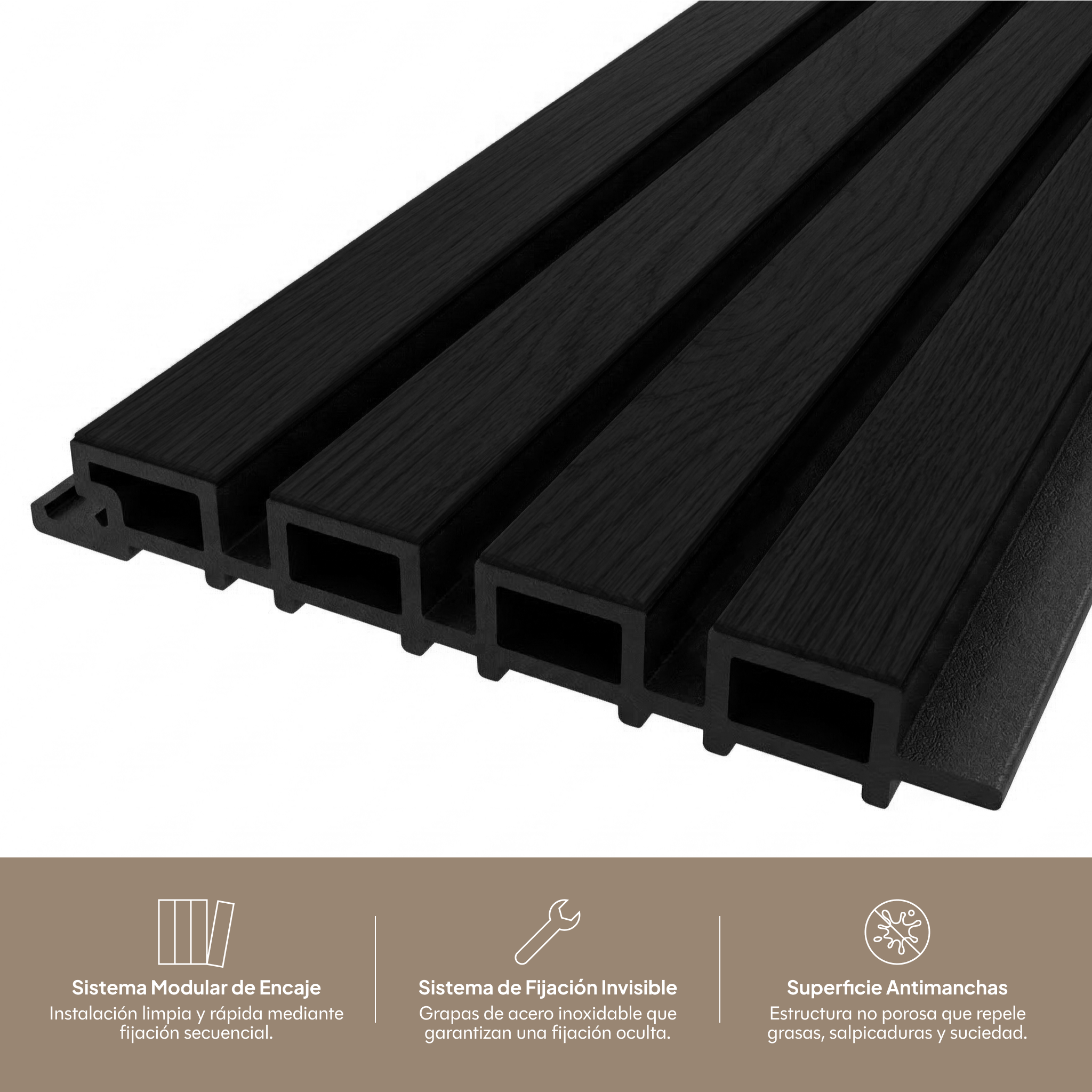 Sistema modular de encaje, fijación invisible y superficie antimanchas #lang:es