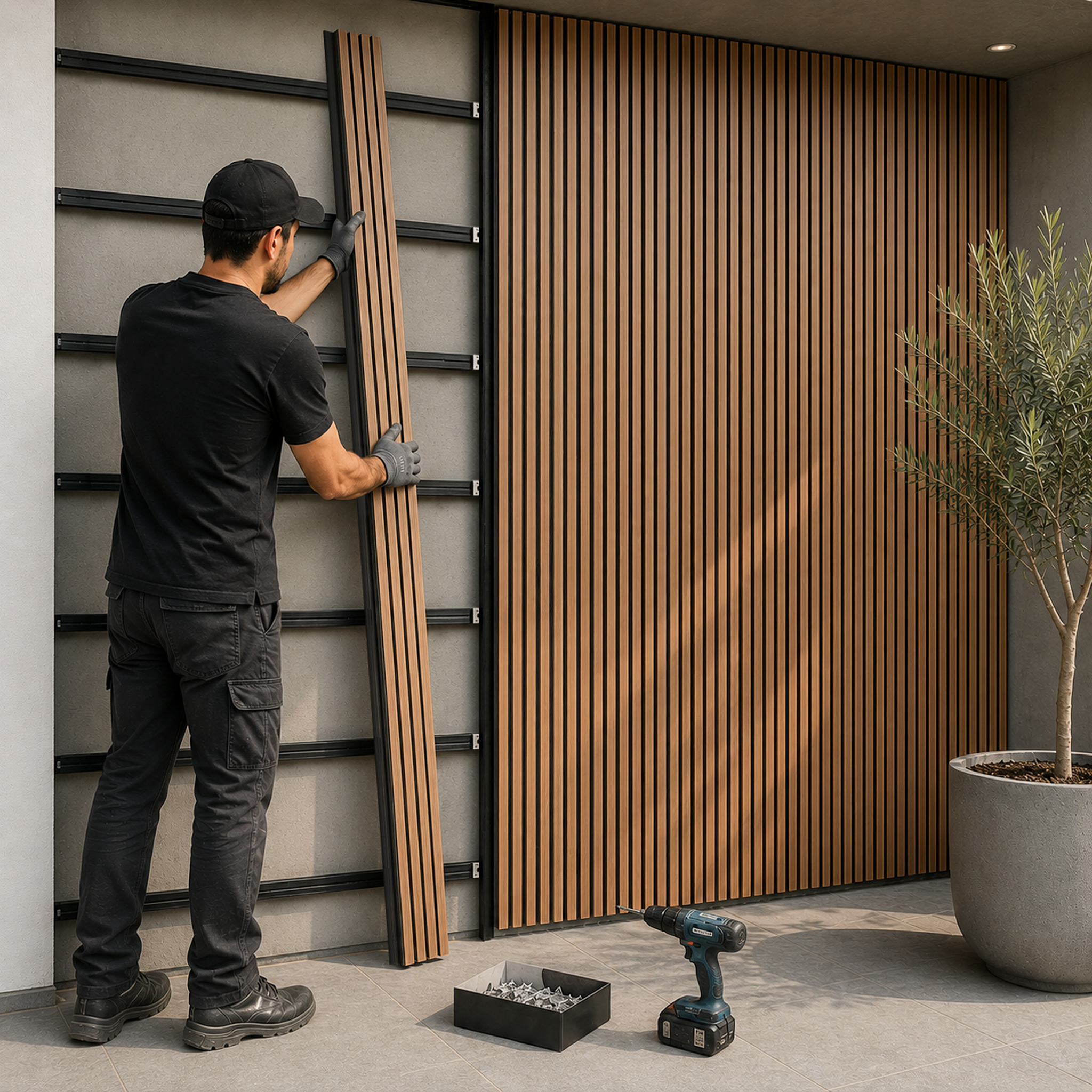 Instalação do painel WPC sobre rastréis com clips inox