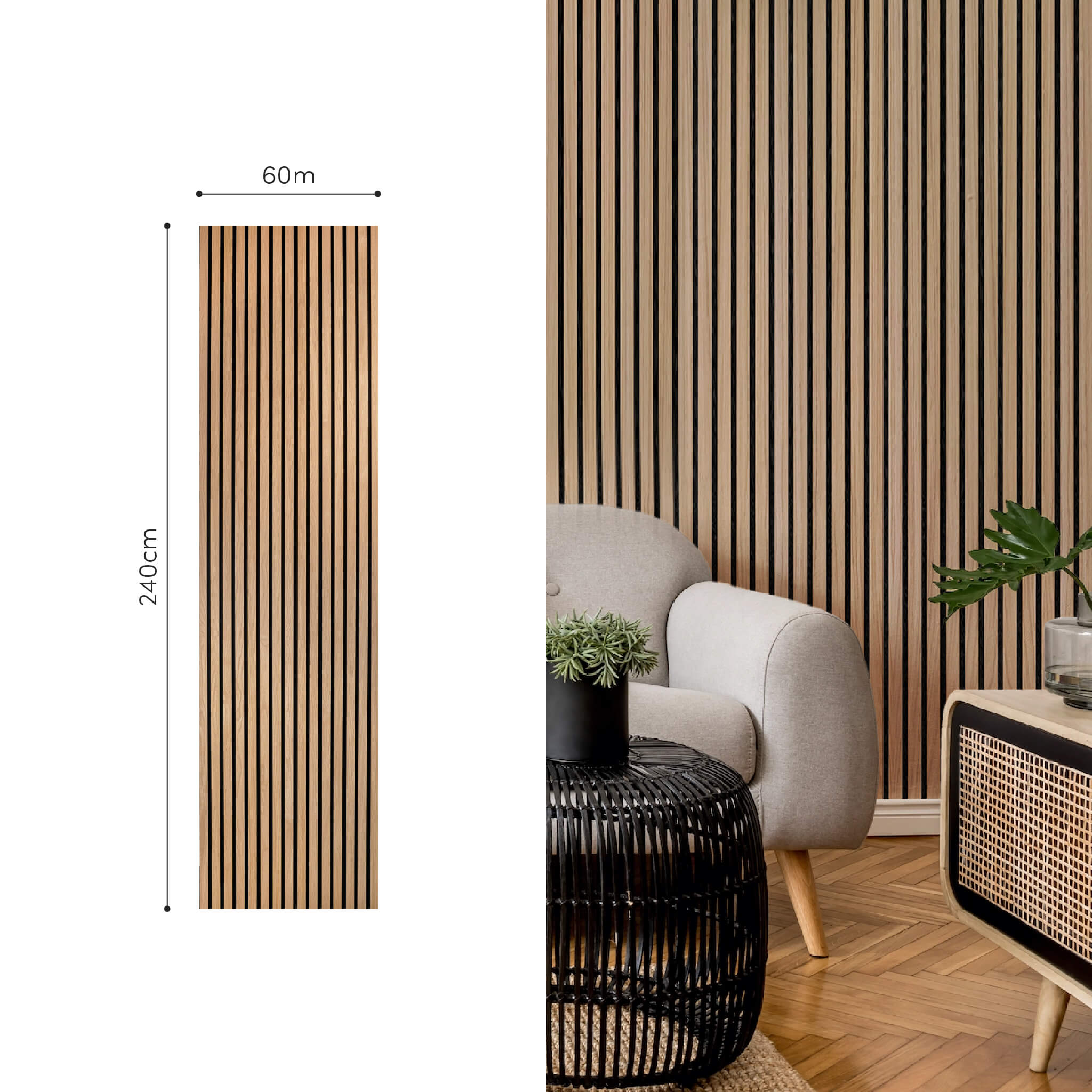 Panneau acoustique Walleu 240 x 60 cm | Chêne Naturel - Noyau Noir - Feutre Noir