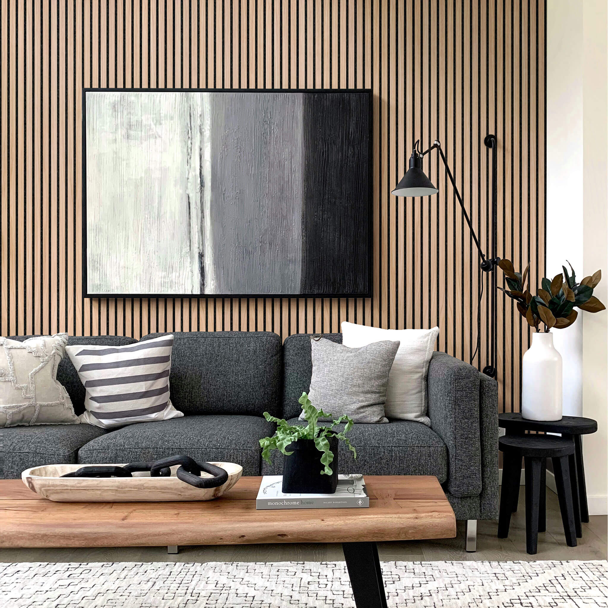 Panneau acoustique Walleu 240 x 60 cm | Chêne Naturel - Noyau Noir - Feutre Noir