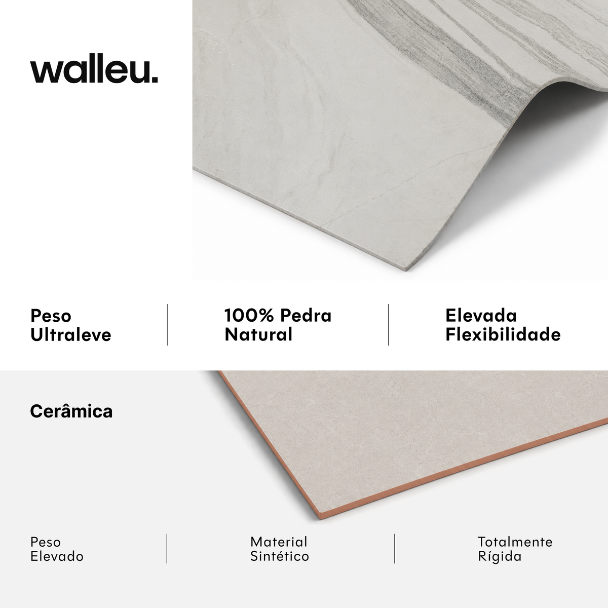 Comparação: folha Walleu ultraleve, 100% pedra natural e flexível vs cerâmica pesada, sintética e rígida #lang:pt