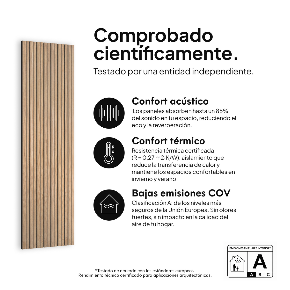 Panel acústico Roble Natural Fieltro Negro — comprobado científicamente: confort acústico, confort térmico y bajas emisiones COV #lang:es