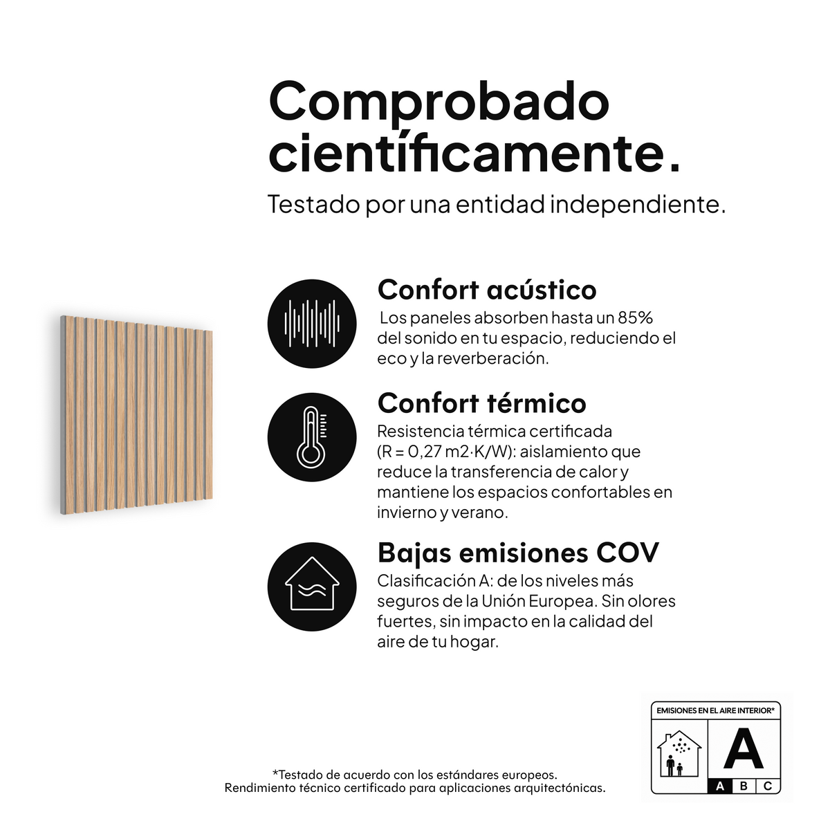 Panel acústico Roble Natural Fieltro Gris — comprobado científicamente: confort acústico, confort térmico y bajas emisiones COV #lang:es