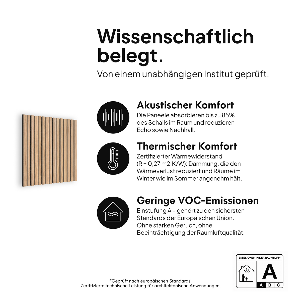 Akustikpaneel Natürliche Eiche Schwarzer Filz — wissenschaftlich belegt: akustischer Komfort, thermischer Komfort und geringe VOC-Emissionen #lang:de