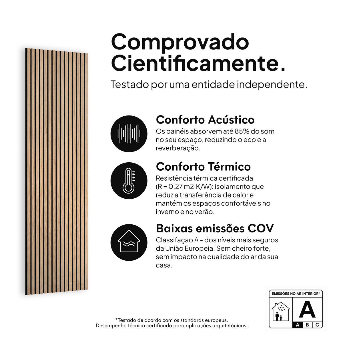 Painel acústico Carvalho Natural Núcleo Preto Feltro Preto — comprovado cientificamente: conforto acústico, conforto térmico e baixas emissões COV #lang:pt