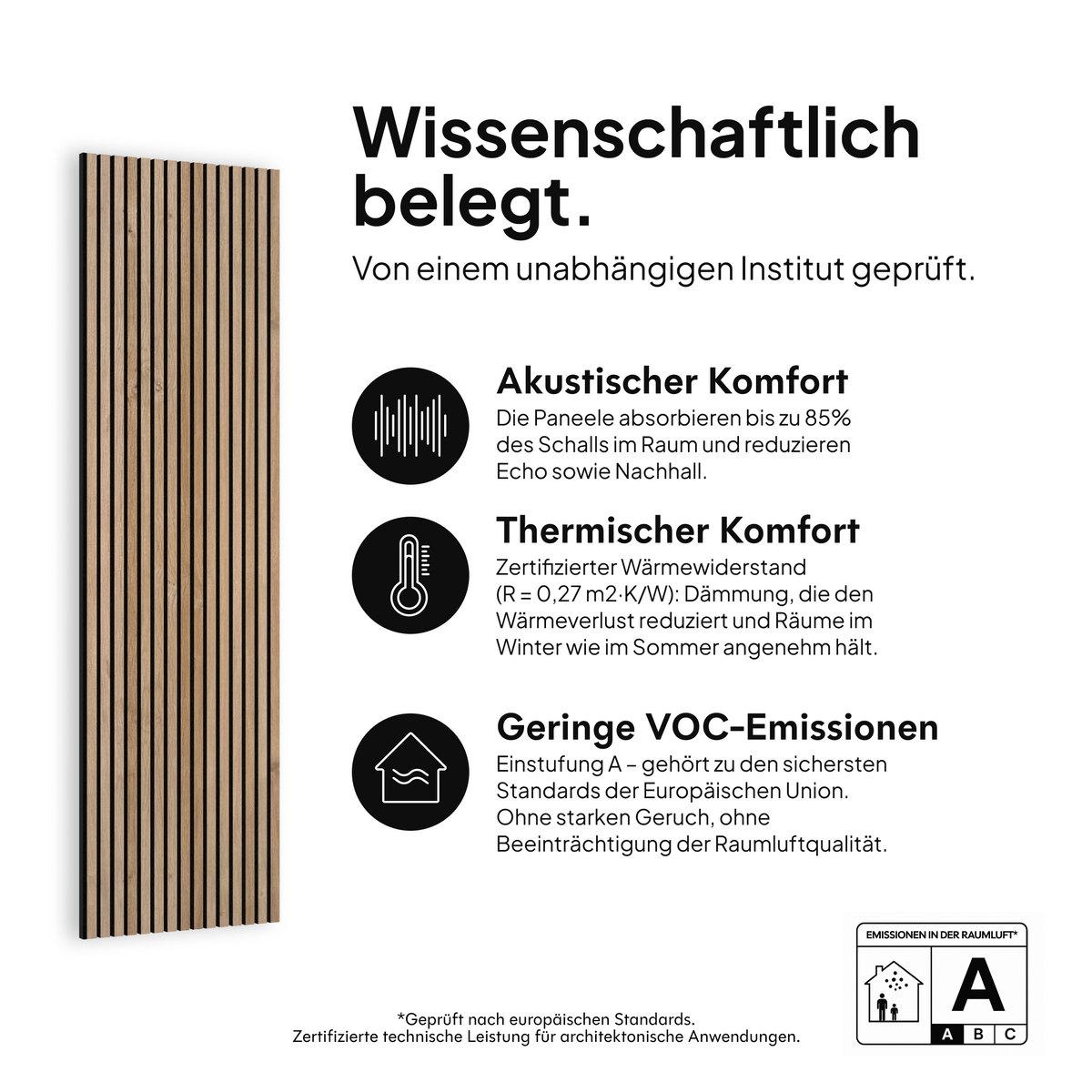 Akustikpaneel Eiche Rustikal — wissenschaftlich belegt: akustischer Komfort, thermischer Komfort und geringe VOC-Emissionen #lang:de
