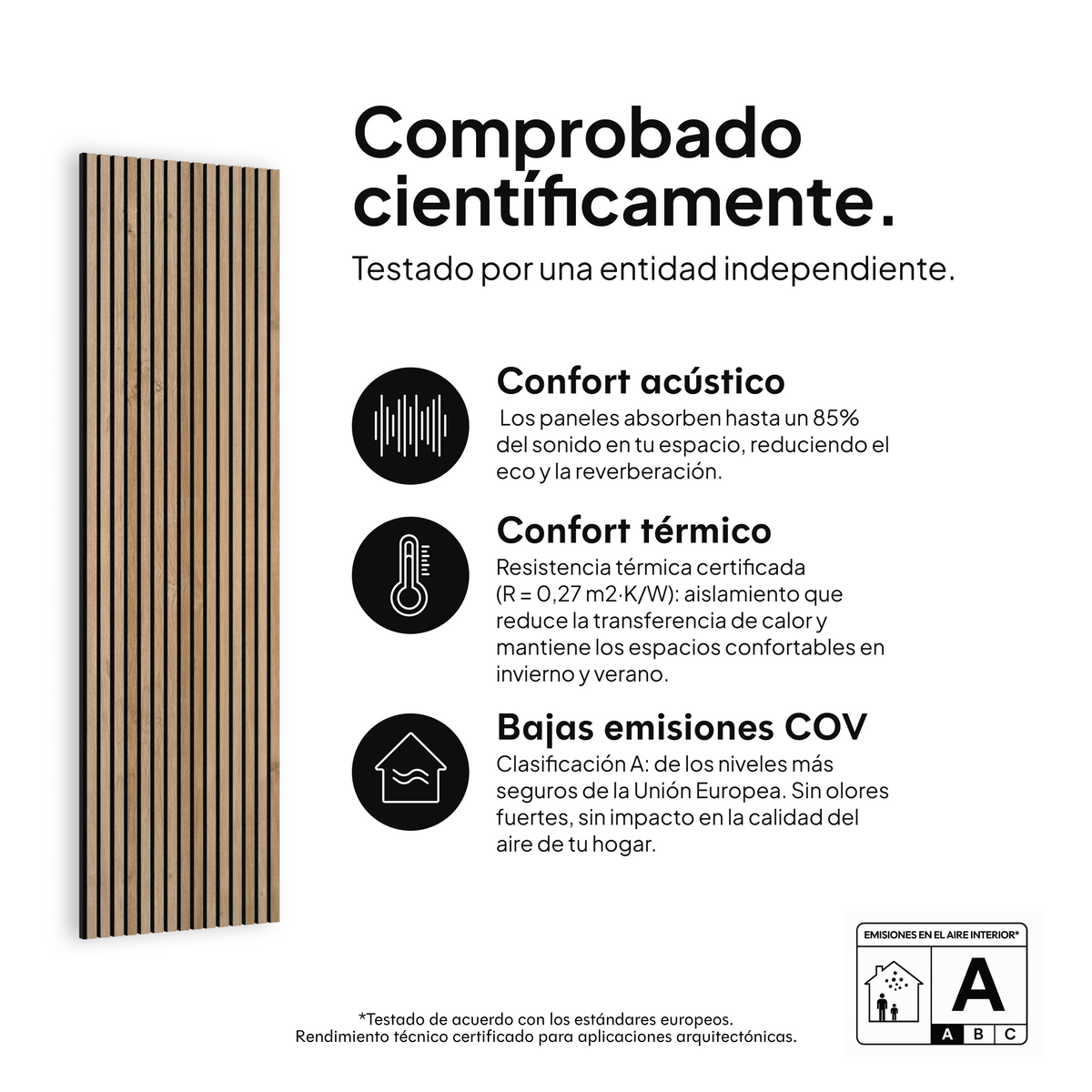 Panel acústico Roble Rústico — comprobado científicamente: confort acústico, confort térmico y bajas emisiones COV #lang:es