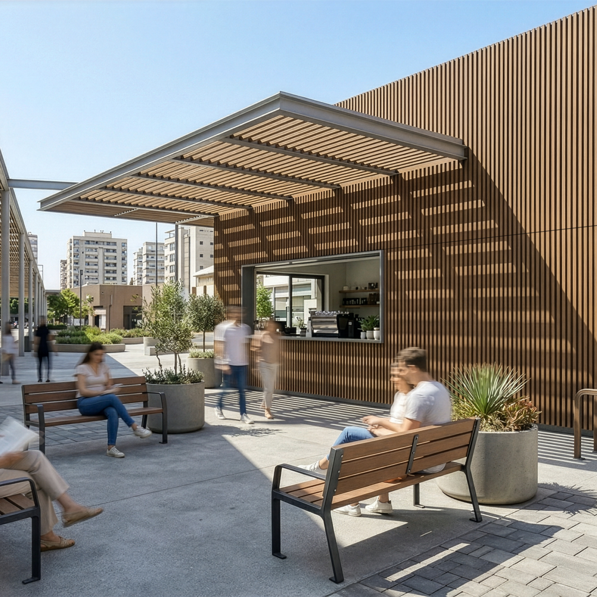 Espaço comercial exterior revestido com WPC Carvalho