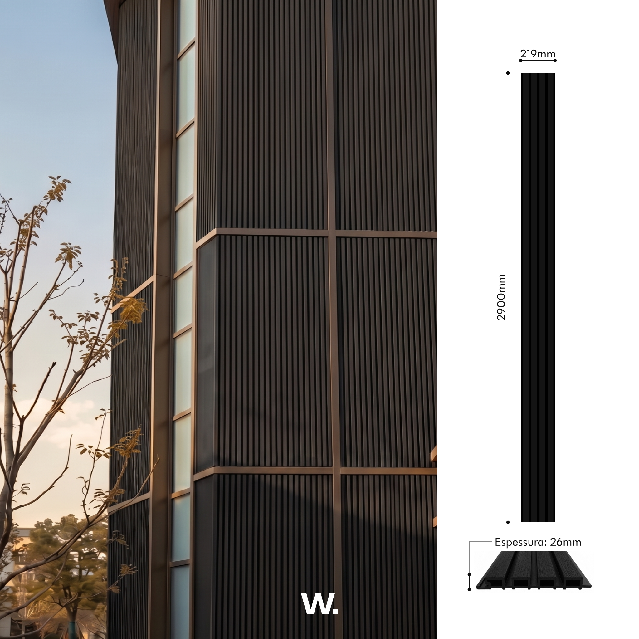 Painel WPC Grafite — perfil de 2900 × 219 mm, espessura 26 mm #lang:pt