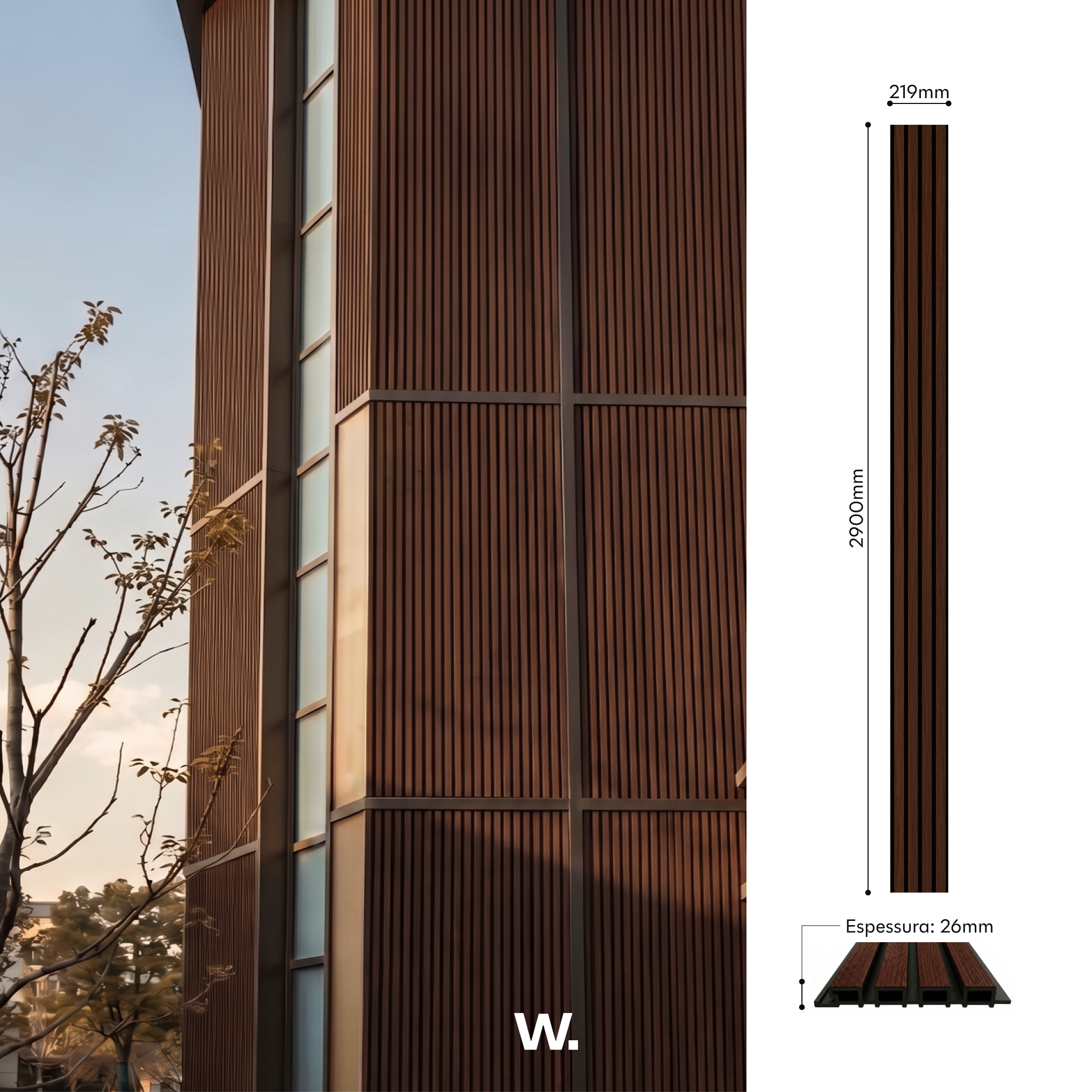 Painel WPC Nogueira — perfil de 2900 × 219 mm, espessura 26 mm #lang:pt